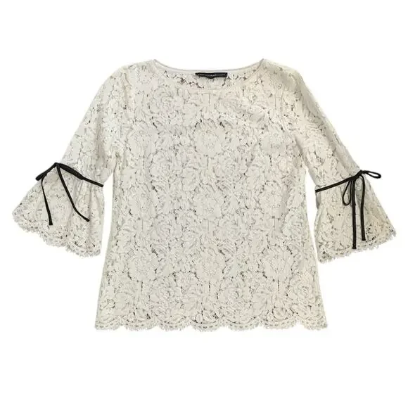 WHBM Allover Sheer Lace Blouse Bell Sleeves in White Size XS - Picture 2 of 5